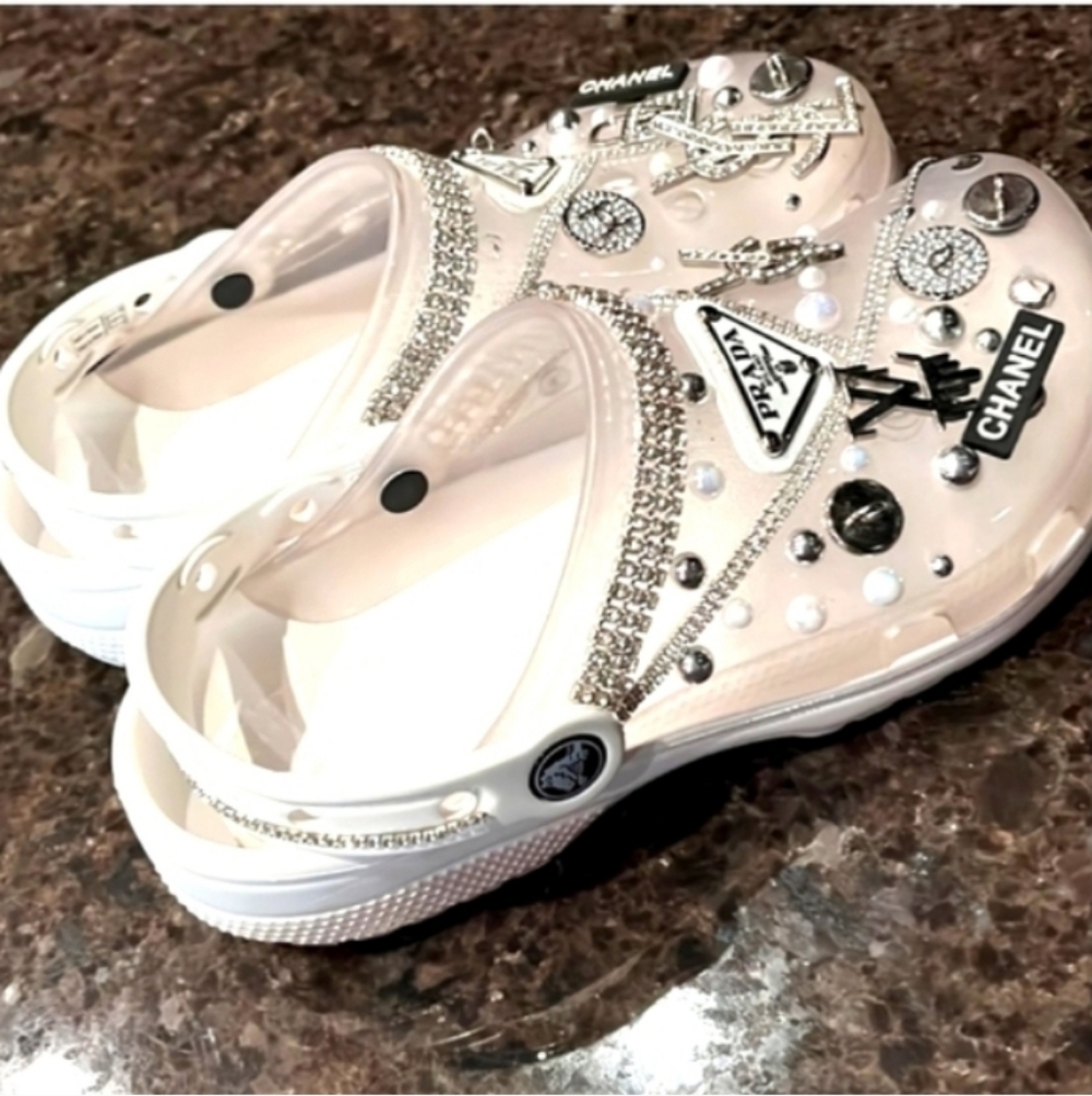 Embellished White Crocs with Charms